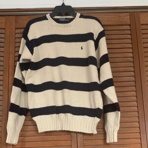 Men’s Polo by Ralph Lauren Cream and Navy Horizontal Stripe Crewneck Sweater
